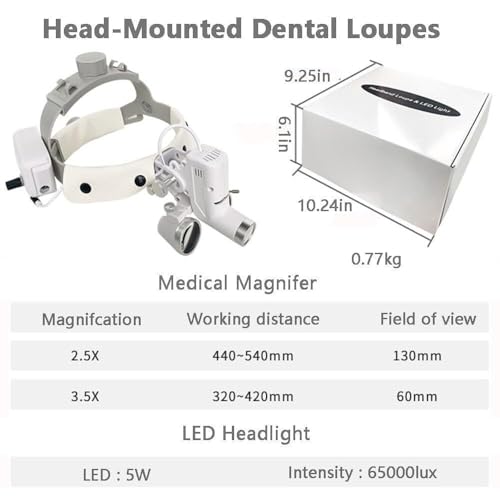 Lupas dentales LED con Faro, Aumento de 2.5X y 3.5X, Lupa Binocular Recargable para Laboratorio quirúrgico, Diadema ergonómica, Enfoque Ajustable.