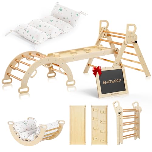 Image of BlueWood Pikler Triangle Set with Cushion, Foldable Toddler Climbing Toys | 8-In-1 Wooden Jungle Gym For Indoor Play, Montessori Philosophy Climber for 2-6 Years Old, Natural Wood