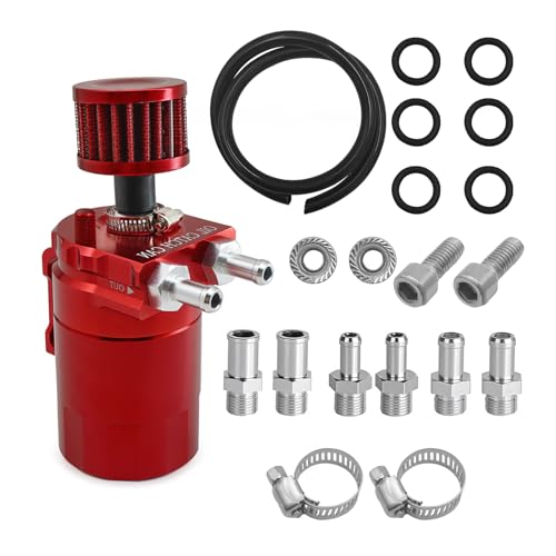 Sylvil Oil Catch Can Kit, Aluminum Polish Baffled Reservoir Car Oil Catch Can Kit, Oil Separator Catch Can with Hose Kit and Thread Seal Tape, Universal Car Accessories for Most (Red)