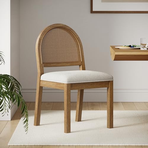 Image of Nathan James Bailey 19 in. Boucle Dining Chair, Upholstered Side Chair with Natural Woven Rattan Back and Solid Wood Legs, Light Brown