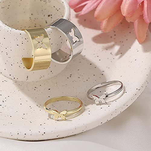 Image of COLORFUL BLING Butterfly Knuckle Stacking Rings Set Knuckle Heart Lightning Dinosaur Adjustable for him and her Couples Friendship Best Friends Matching Promise Love Wedding Jewelry