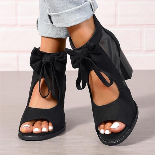 Womens Chunky High Heel Sandals Ankle Strap Open Toe Dress Shoes Cut Out Mesh Bows Strappy Sandals High Block Heels Peep Toe Summer Ankle Boots Fish Mouth Fashion Breathable Dressy Booties Shoes3