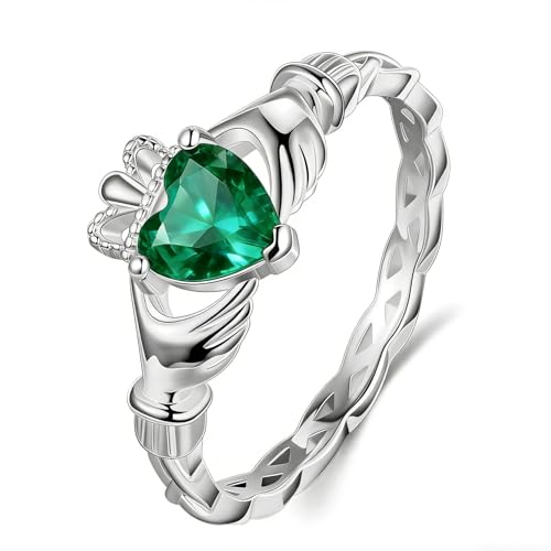 LYTTMAB Claddagh Rings For Women, Sterling S925 Silver Irish Celtic Rings, May Birthstone Green Emerald, Crown Ring Friendship Ring Heart Ring Size 6