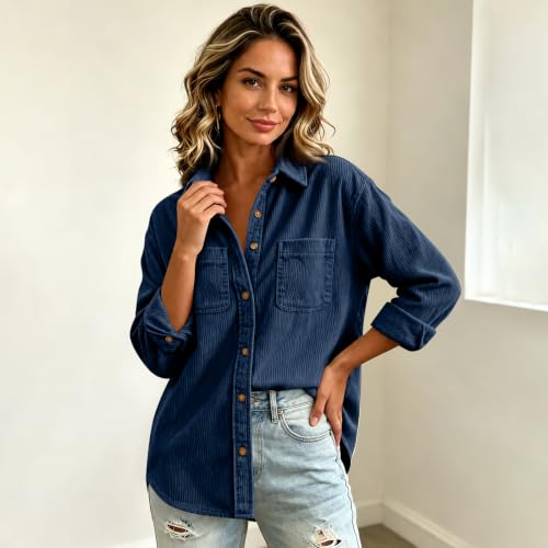 Corduroy Jacket Women Lightweight Oversized Button Down Fall Coat, Blue | Curved Hem, Patch Pocket, Button Up, Long Sleeve, Ribbed, Shacket Outfits, Outerwear, Hiking, Office, Teacher Outfits - image 5