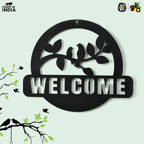 Image of Gift Kya De Wooden Welcome Sign for Home Entrance | Bird Wall Hanging Decor | GKD Laser Cut Welcome Board for Living Room, Office & Cafe (Black)