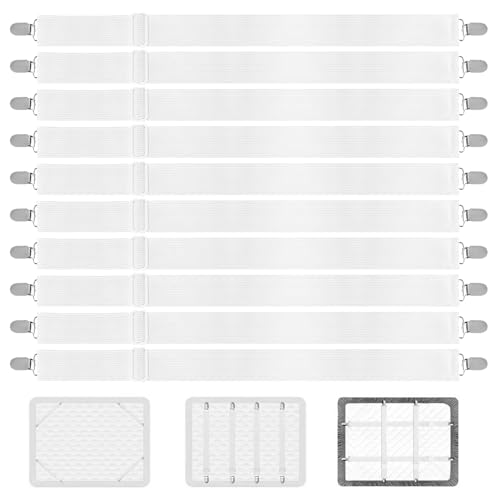 KOXXIAMOQ 10 Piezas Pinzas Sujeta Sabanas Bajeras, Sujetadores para Sábanas, Sujetadores de Hojas Ajustables a 130 cm, Tirantes Tensor de Sábanas Elásticas, Correas Cama Clips para Colchón (Blanco)