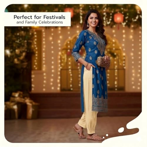 Image of Happy Bunny Women's Cotton Afghani Salwar with Lace Embroidery Detailing - Elastic Waist, Comfortable Loose Fit Bottoms for Casual, Ethnic