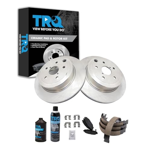 Image of TRQ Rear Brake Pad & Rotor Kit, with Chemical Kit Parking Brake Shoe Set Ceramic Compatible with 2008-2013 Subaru Impreza