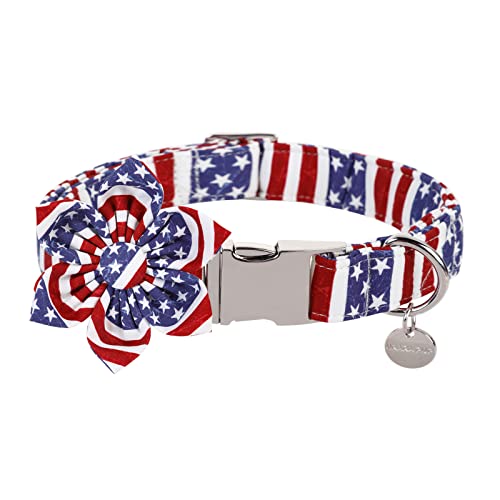 Image of Dog Collar with Flower, 4th of July Comfortable Cotton Dog Collar, American Flag Collar for Small Girl Dog, Patriotic Flower Collar with Metal Buckle, S