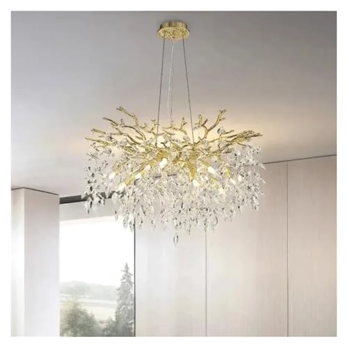 Lustre en cristal long doré Round 76cm blanc pour salle à manger