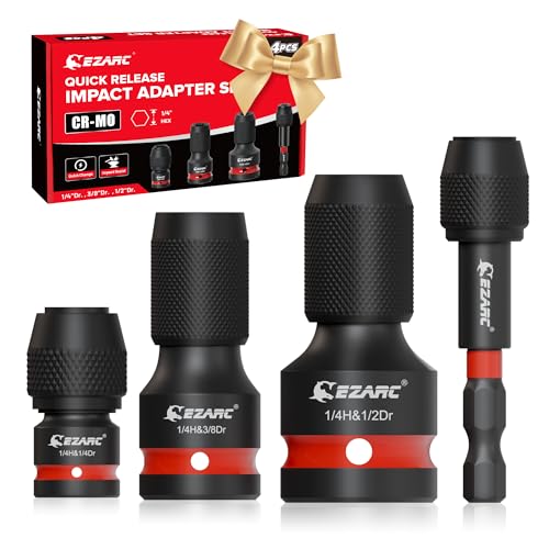 EZARC 4 Pcs Impact to 1/4 Hex Converter, 1/2 3/8 1/4-Inch Square Drive Sockets to 1/4-Inch Hex Adapter, Impact Wrench Adapters for Ratchet Wrench Drivers, Impact Bit Holders, Quick-Change Chuck