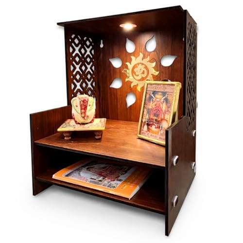 Image of Zesta Wooden Mandir for Home Big Size | DIY Pooja Mandir with LED Spot Light | Devghar Cabinet for Living Room or Office | Wall Mounted Pooja Unit for Home (Brown Big)