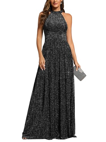 Ever-Pretty Women's Sexy Halter Sleeveless Pletaed Floor Length Glitter Evening Formal Dress 41961
