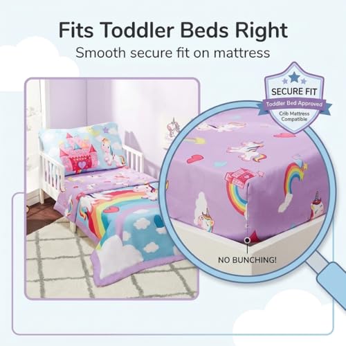 Image of EVERYDAY KIDS 4 Piece Toddler Bedding Set - Unicorn Dreams - Includes Comforter, Flat Sheet, Fitted Sheet and Reversible Pillowcase
