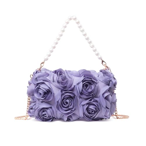 HuiYStar Pochettes pour Femmes,Sac à main de Soirée en Mousseline de Soie à Motif Floral 3D, Sac à Poignée Supérieure Orné de Perles pour Mariage,Bal de...
