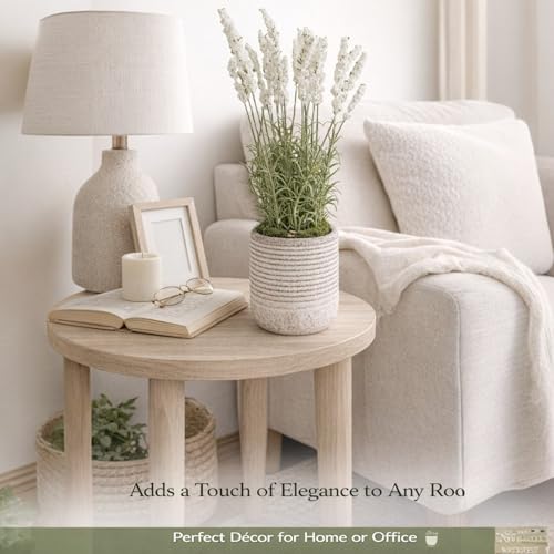 Image of Garden Art Artificial Lavender Plant with Pot - Flocked Purple Lavender Flowers in Textured Pot, Perfect for Home Decor, Office Desk & Gift Use (P-0230White)