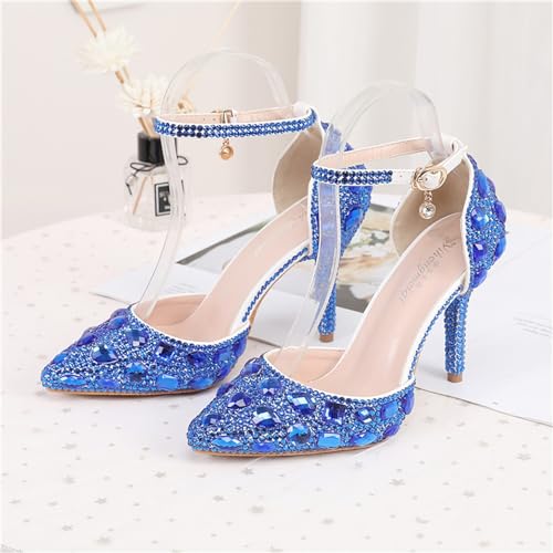 Women's Pointed Toe Rhinestone Stiletto Heel Sexy Sparkly Crystal Satin Ankle Strap Heeled Sandals Wedding Bridal Party Dress Shoes2