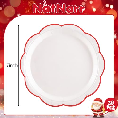 Image of NatNarr 30 Pcs Red and White Paper Plates, 7 Inch White Plates with Red Trim Scalloped Valentine's Paper Plate Disposable for Valentine's Day, Baby Shower, Wedding, Bridal Shower (Pack of 2)