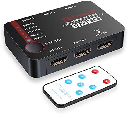 HDMI Switch 5 in 1 Out 4K, TESmart Intelligent 5 Port HDMI Switch Splitter Supports 4K@30Hz, Full HD 1080P, 3D with IR Remote&ARC Compatible for PC,Xbox 360/One, PS3, TV Box etc - Midnight Black