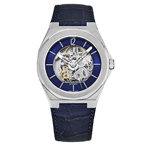 Manager Men's 'Open Mind' Blue Dial Blue Leather Strap Automatic Watch MAN-RO-03-SL