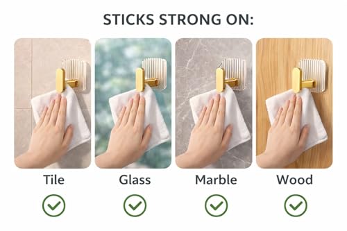 Image of Premium Transparent Wall Hooks with Gold Finish | No Drill Self Adhesive Wall Hooks for Hanging | Waterproof & Strong Hold Wall Hooks for Bathroom, Kitchen, Office & Bedroom Pack of 4