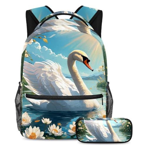 Sac à dos de jour ado avec motif fleur et cygne, cartable scolaire fille et garçon
