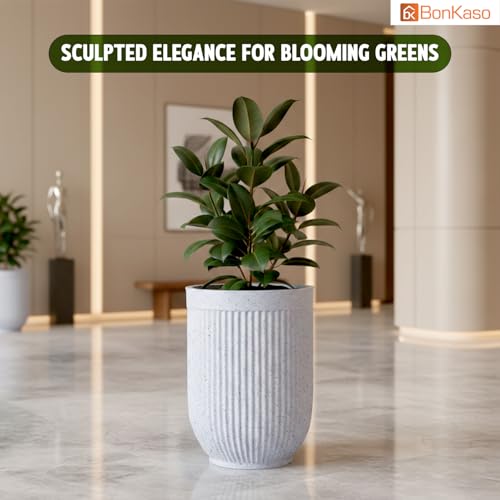 Image of Bonkaso 18 Inch Burj Khalifa Ribbed Planter for Indoor & Outdoor Use | Round Heavy Duty Polymer Flower Pot | Lightweight Weather Resistant Modern Gamla for Living Room Balcony & Terrace (White)
