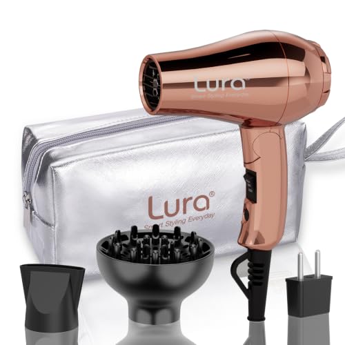 LURA Auto Dual Voltage Travel Hair Dryer with Diffuser Travel Blow Dryer Mini with EU Plug and UK Plug Lightweight Portable Hairdryers with Folding Handle 1200W Compact Small Blowdryers for Women