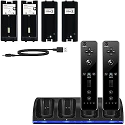 Cargador Baterias Wii SANON 4 Base de Cargador & 4 x 2800 mAh Baterías Recargables para Mandos Wii, Estación Carga Mandos con Indicador LED, Negro