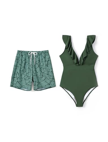 PATPAT Matching Swimsuits for Couples V Neck One Piece Swimwear Drawstring Waist Swim Trunks Summer Beach Bathing Suits