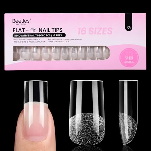 Beetles Gel Nail Tips Flat-X - Square Medium 160pcs 16 Sizes Pre-Etched Half Matte Full Cover Soft Acrylic False Nail Tips Clear Press on Easy DIY Extension Salon for Flat & Natural Nail Beds