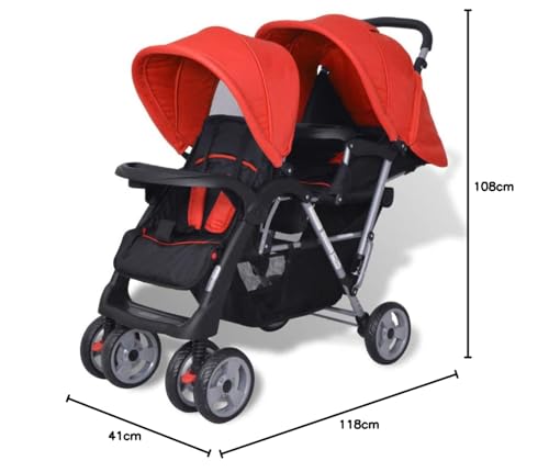 Miniatura 8 de Susany Plegable Silla Gemelar Para Gemelos Y Hermanos Carrito Gemelar Silla De Paseo Cochecito De Bebé Capacidad De Peso 15kg Cada Acero Y Tela Oxford Rojo Y Negro 118x41x108cm