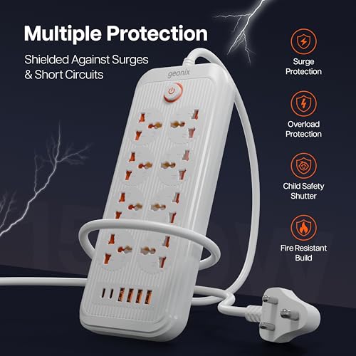 Image of Geonix PowerSpan U8 | Power Strip | Power Extension with 8 Universal Sockets, 2500W Max, 4 USB Ports, 2 C-Type Port, 10 Amps, 3 Mtr Copper Cable, Overload Surge Protection, 250 Volts (White)
