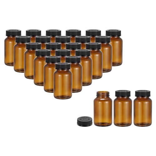 PATIKIL 6.8oz/200ml Glass Packer Bottles, 24Pcs Round Wide Mouth Bottle Packer Bottles with Black Ribbed Lid for Reagent Liquids, Essential Oils, Perfume, Amber