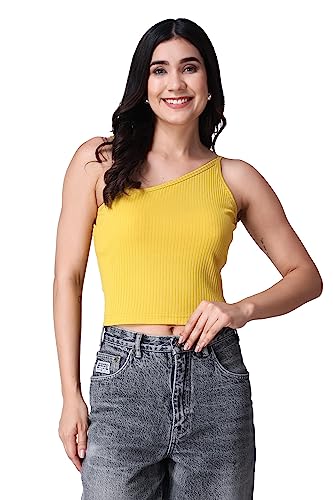 Image of POPWINGS Casual One Shoulder Ribbed Crop Top for Women || Sleeveless Crop Top for Women || Stylish Women Crop Top for Summer || Ribbed Crop Top for Women