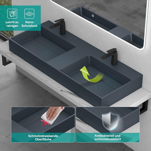 Mai & Mai Aufsatzwaschbecken Doppel-Waschbecken mit 2 Armaturenlöcher Hängewaschbecken Col12 120x48x13cm in matt Anthrazit aus Mineralguss ohne Überlauf