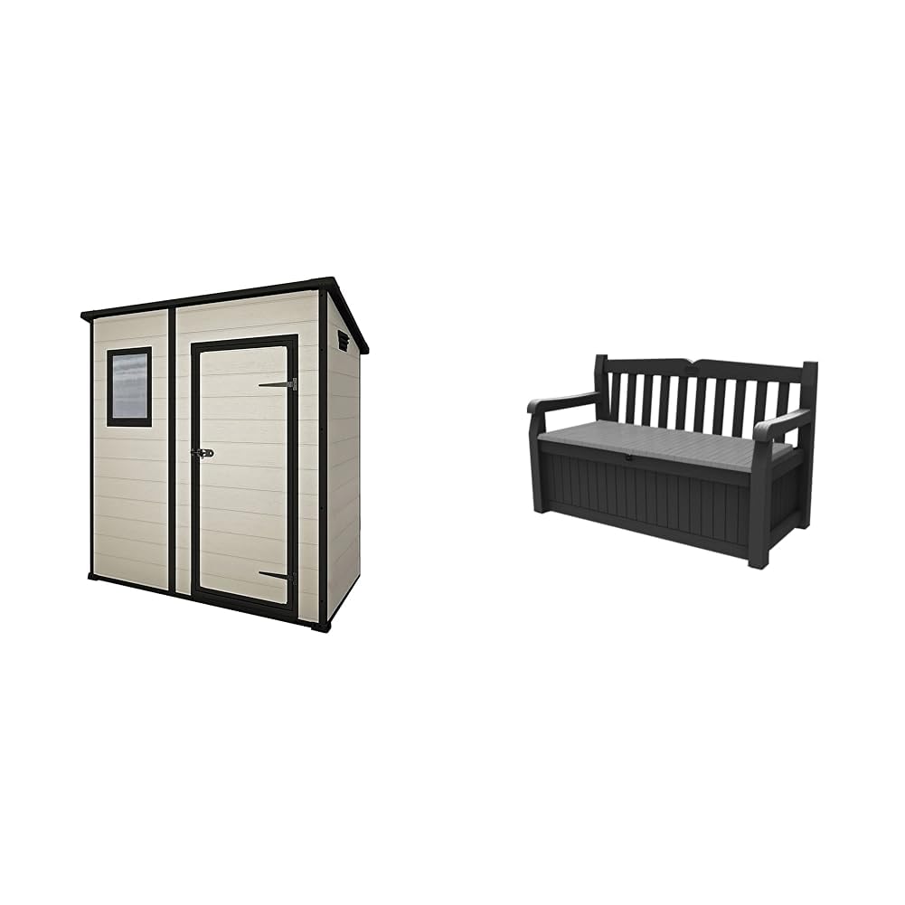 Keter Manor Outdoor Pent Single Door Garden Storage Shed 6 x 4ft & Eden Bench 265L Outdoor 60% recycled Garden Furniture Storage Box Graphite & Light Grey