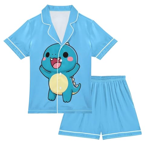 Cute Blue Dinosaur Graphic Summer Pajamas Set Soft Satin Pjs Sets 2 Piece Short Sleeve Sleepwear Casual Clothes