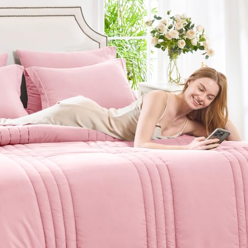 Image of CozyLux King Size Comforter Set Pink - 7 Pieces Bed in a Bag, Modern Vertical Quilted Room Decor, Soft All-Season Bedding Gift with Comforter, Sheets, Pillowcases & Shams