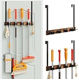 Rasdwt Over the Door Broom Holder - Wood Mop and Broom Rack With 2 Hooks for Garage, Laundry Room - Drilling-Free Hanger and Storage Tool, Brown