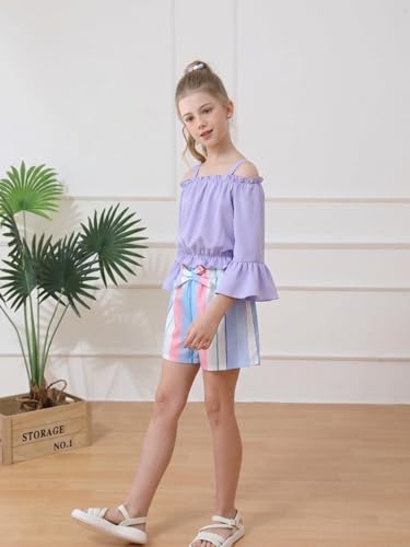 Image of Weebaby Girls Clothes 2 Piece Outfits Cute Kid Clothes Crop Top Paperbag Waist Shorts Set Summer Clothes for Tween Girls