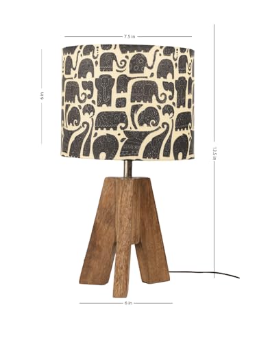 Image of Green Girgit Decorative Tri-Leg Stand Wooden Table Lamp with Black Elephant Multicolor Shade | Bedside & Reading Night Lamp for Bedroom, Living Room & Home Decor | Warm Ambient Light | 34.3 x 19.1 cm