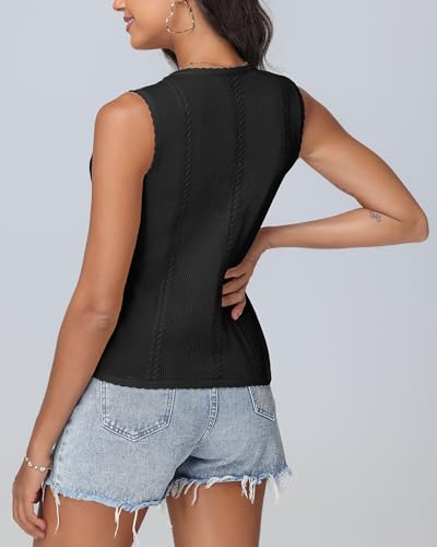 IEEILULU Women Sleeveless Knit Vest Striped V Neck Tie Front Sweater Vests Y2k Crochet Tank Tops for Going Out Beach Vacation (Black, L) — view 3