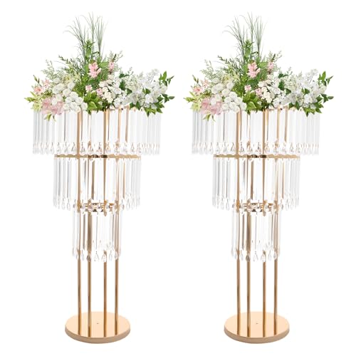 2 PCS 3-Tier Flower Stand for Wedding, Gold Vases Centerpieces Crystal Flower Stand with Hanging Crystals, Round Wedding Road Lead Flower Decoration for Birthday Parties, Christmas Parties