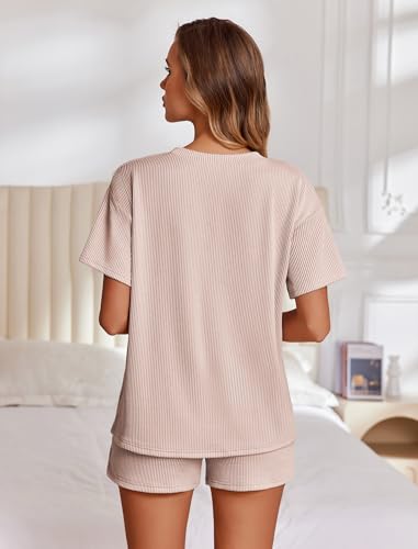Image of Ekouaer 2 Piece Sets for Women Matching Lounge Sets Summer Outfits | Casual Loungewear, Ribbed Loose Set, Short Sleeve Shirt and Shorts, Crewneck, With Pockets