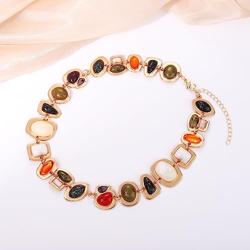 BVGA Gold Gemstone Charm Choker Necklace for Women Colorful Vintage Resin Gem Link Necklace Retro Jewelry Gifts4