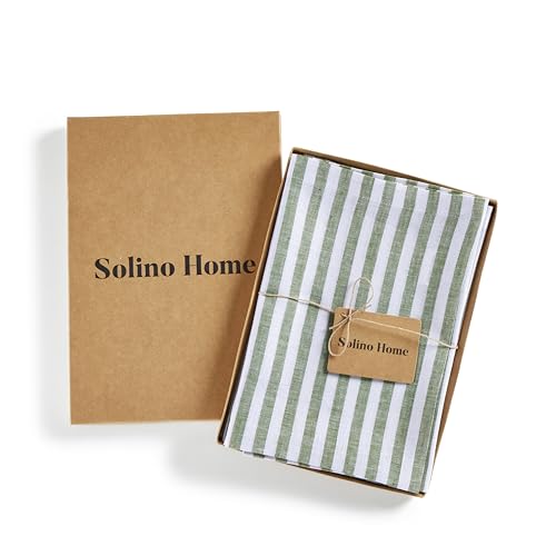 Image of Solino Home 100% Linen Napkins, 20 x 20 in, Green, Amalfi Stripe, Set of 4 | soft napkins for daily meals and celebrations, woven stripe, European flax fibres, machine washable, fine, OEKO-TEX Certified