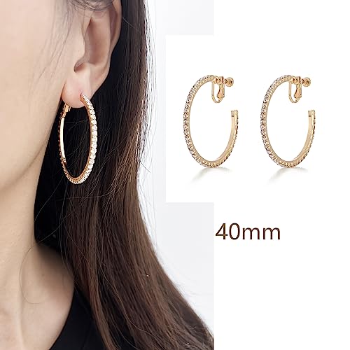 Laxpicol Fashion Sparkly Austrian Circle Hoop Earrings Clip On Earrings For Women Girls No Piercing Earrrings Golden Tone 1.6"*1.6" #TOP1