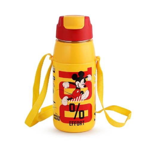 Image of CELLO Kidzbee Puro Steel-X Hydro Kid 600 Insulated Kids Sipper Water Bottle 520ml Yellow | Touch & Feel Mickey Design Easy to Carry with Loop Leakproof Flip Top Water Bottle For School Kids Boys Girls