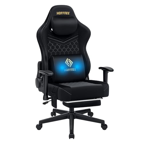 HOFFREE Gaming Chair with Footrest & Massage Cushion, Black